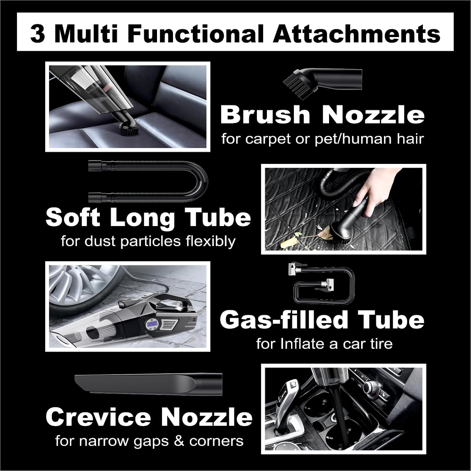 4 in1 Car Vacuum Cleaner with Tyre Inflator DC12V High Power 7000PA Handheld Car Vacuum LED Light, 4.2M Power Cord, for Wet/Dry Use, Black (TWOWAY) - Image 3