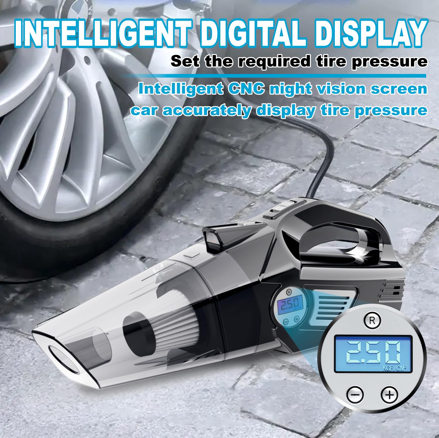 4 in1 Car Vacuum Cleaner with Tyre Inflator DC12V High Power 7000PA Handheld Car Vacuum LED Light, 4.2M Power Cord, for Wet/Dry Use, Black (TWOWAY) - Image 5
