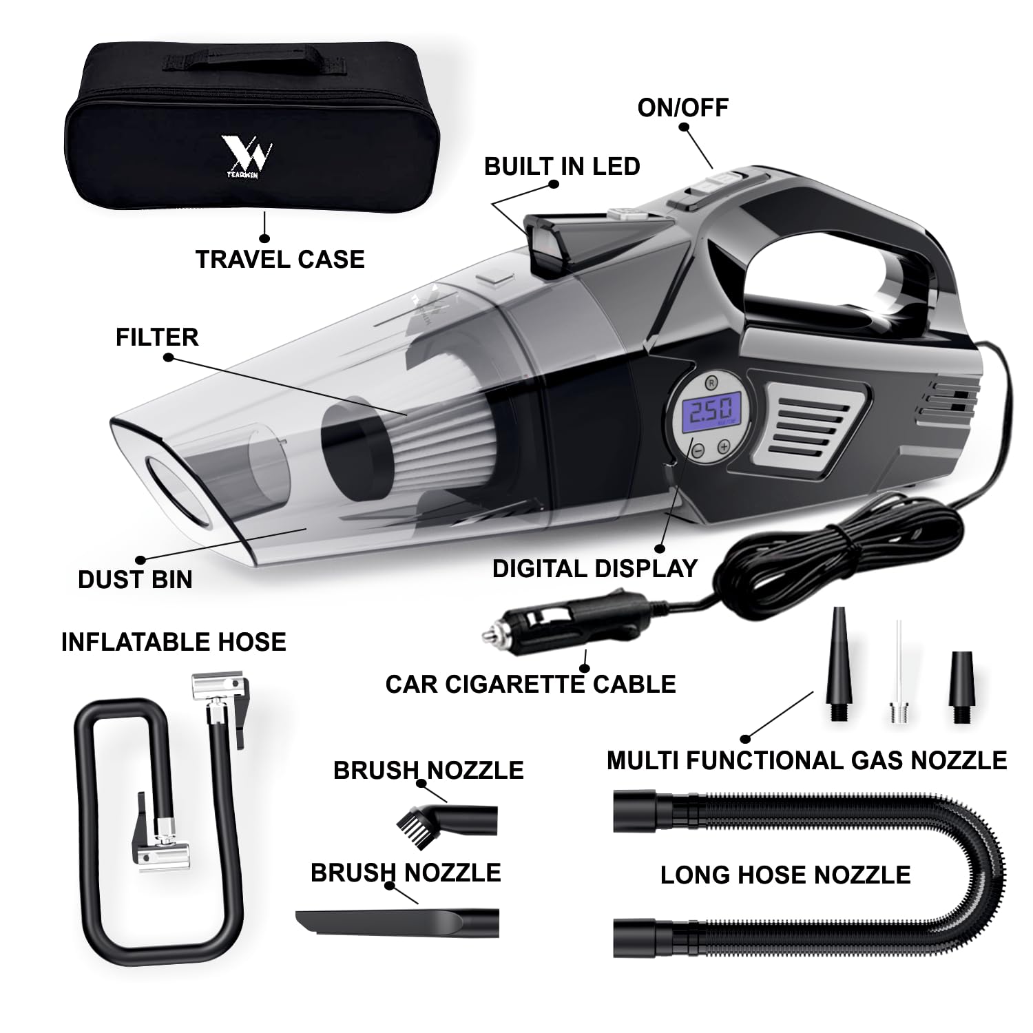 4 in1 Car Vacuum Cleaner with Tyre Inflator DC12V High Power 7000PA Handheld Car Vacuum LED Light, 4.2M Power Cord, for Wet/Dry Use, Black (TWOWAY) - Image 2