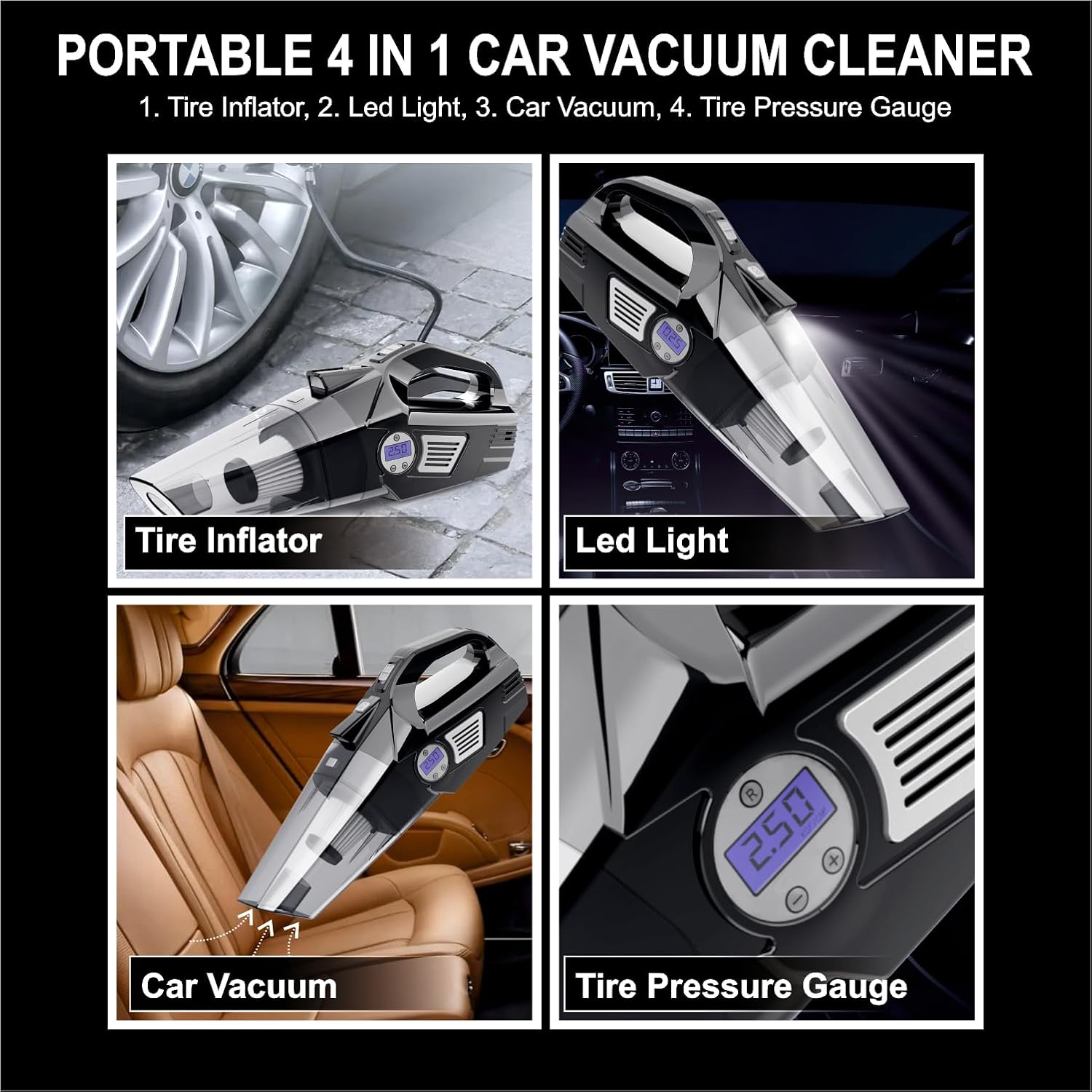 4 in1 Car Vacuum Cleaner with Tyre Inflator DC12V High Power 7000PA Handheld Car Vacuum LED Light, 4.2M Power Cord, for Wet/Dry Use, Black (TWOWAY) - Image 6