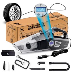 4 in1 Car Vacuum Cleaner with Tyre Inflator DC12V High Power 7000PA Handheld Car Vacuum LED Light, 4.2M Power Cord, for Wet/Dry Use, Black (‎TWOWAY)