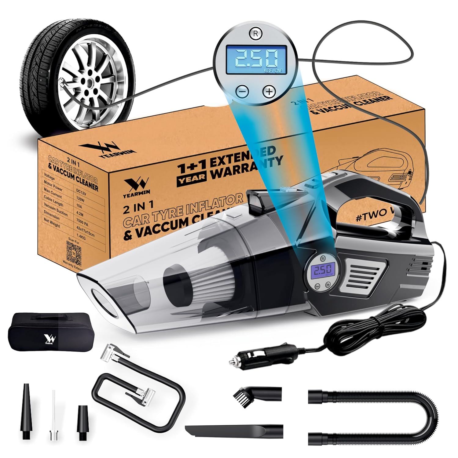 4 in1 Car Vacuum Cleaner with Tyre Inflator DC12V High Power 7000PA Handheld Car Vacuum LED Light, 4.2M Power Cord, for Wet/Dry Use, Black (TWOWAY)